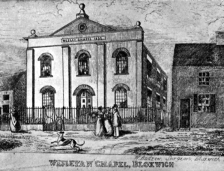 The Bloxwich B+W drawing of Wesleyan Methodist Church built in 1832, peopel outside and lurcher dof approx 1830's